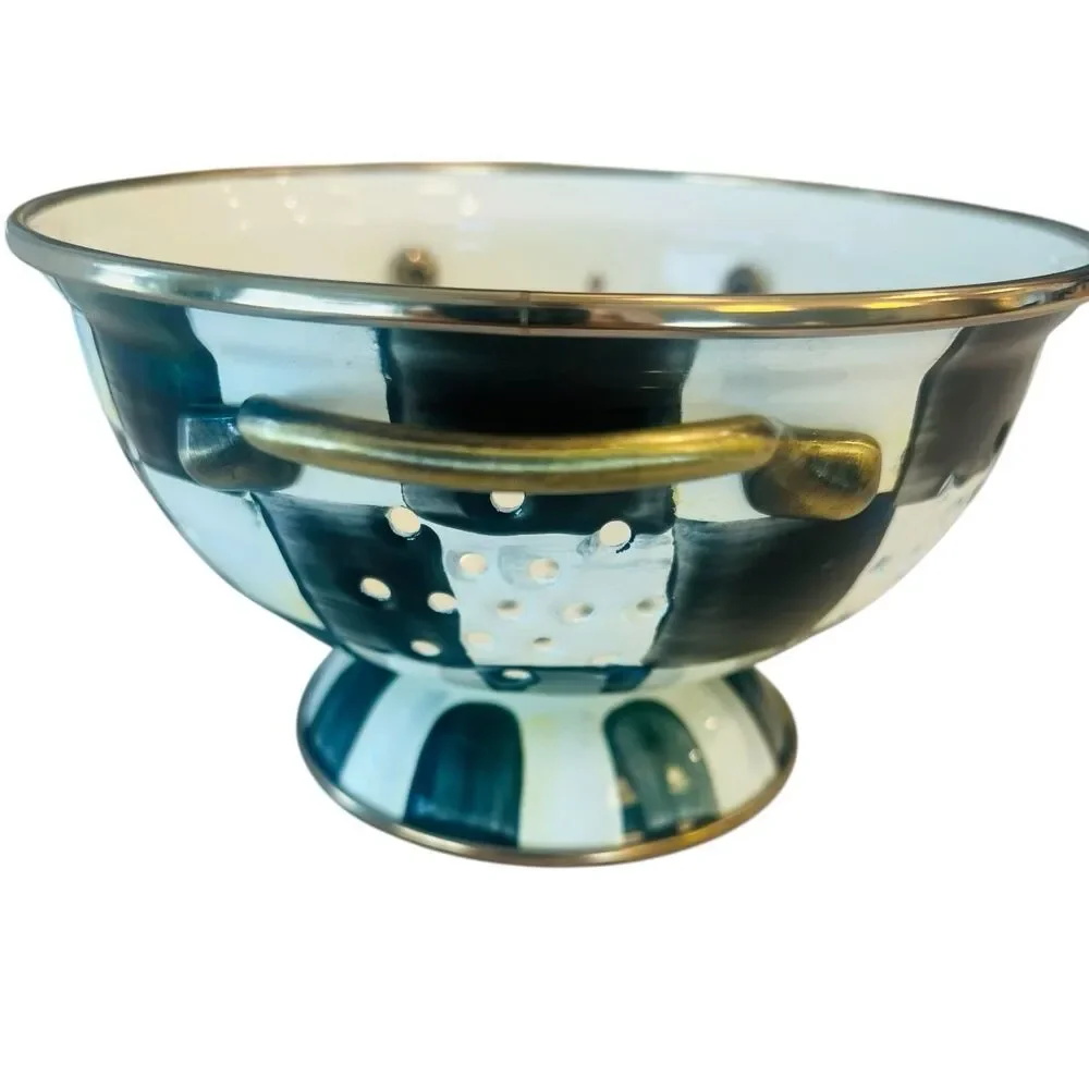 MacKenzie-Childs Courtly Check Small Enamel Colander 6.25” 1 Qt Black White